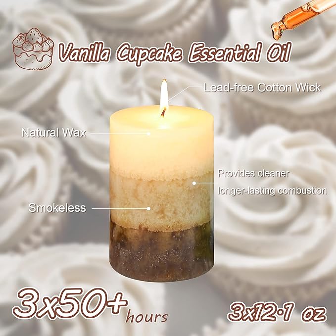 Pillar Candles Vanilla Cupcake Scented Immeiscent Aromatherapy Candle 50+ Hours Clean Burning Long Lasting Mottled Layered Candles for Home Scented SPA Restaurant Set of 3