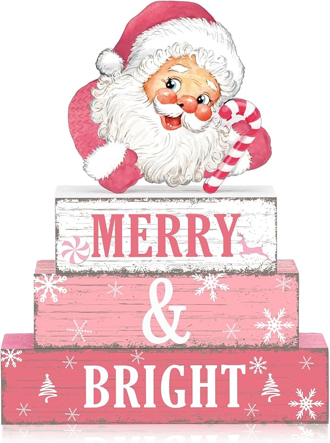 Geelin 4 Pcs Christmas Wooden Tabletop Decor Pink Winter Santa Tiered Tray Decor Christmas Centerpiece Rustic Decorative Block Signs Gift Farmhouse Table Decoration for Home Kitchen