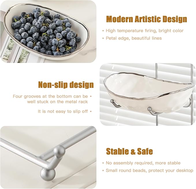 2 Tier Ceramic Fruit Bowl for Kitchen Counter, Tiered Fruit Basket for Countertop, Modern Multi Layer Fruit Display Stand for Party, Cute & Smal (Silver-rimmed)