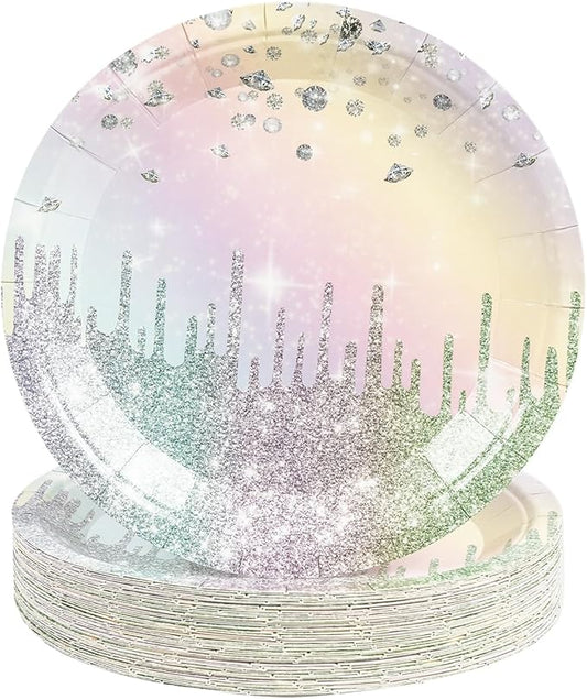50PCS Colourful Glitter Paper Plates - 7inch Rainbow Diamond Birthday Dessert Plate for Cake Salad Pizza Disposable Supplies for Girls Women Mermaid Anniversary Birthday Wedding Party