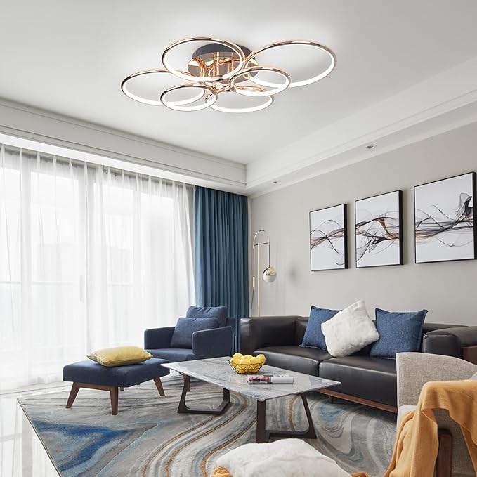 Modern Ceiling Lights, 6 Rings Dimmable Gold LED Ceiling Light Fixtures with Remote Control, 56W Close to Ceiling Lighting for Living Room, Bedroom, Dining Room