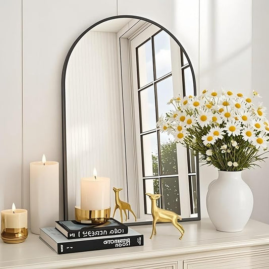 Wall Mounted Mirror, 24"x36" Arched Wall Bathroom Mirror, Black Vanity Wall Mirror with Metal Frame, Modern & Contemporary Arch Top Wall Mirror for Bedroom, Entryway, Living Room, Black