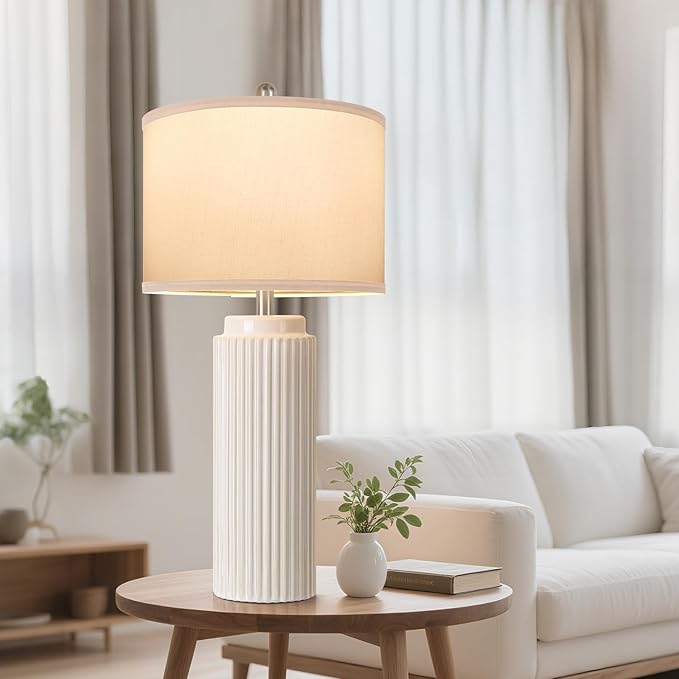 28’’ Farmhouse Ceramic Table Lamps Set of 2 for Living Room, Cream Vintage Bedside Table Lamps with White Linen Shade, Rustic Nightstand Lamps for Bedroom Home Office End Table Dorm