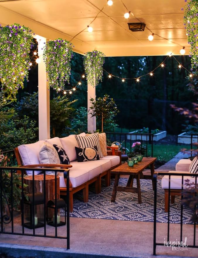 SJL Hanging Greenery 4pcs Realistic Artificial Hanging Plants with Lights Indoor Faux Ivy Plastic Flowers Green Leaves Fake Plants Eucalyptus for Bedroom Party Porch Decor (Purple)