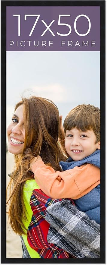 17x50 Frame Black Real Wood Picture Frame Width 0.75 Inches | Interior Frame Depth 0.5 Inches | Noir Classique Mid Century Photo Frame Complete with UV Acrylic, Foam Board Backing & Hanging Hardware