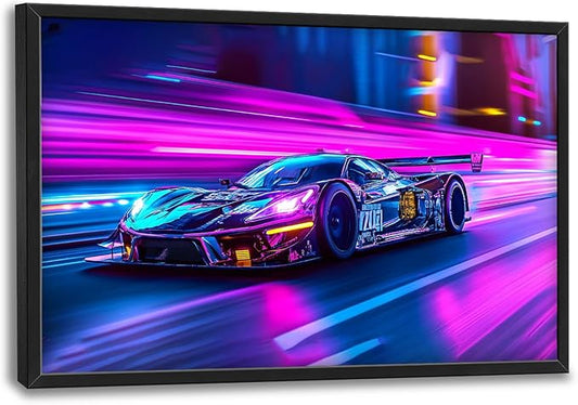 Flintis Large Racing Car Framed Wall Art Neon Race Supercar Pictures Wall Decor Abstract Colorful Car Canvas Painting Print Artworks Decor Framed for Living Room Bathroom Master Bedroom 36L X 24W