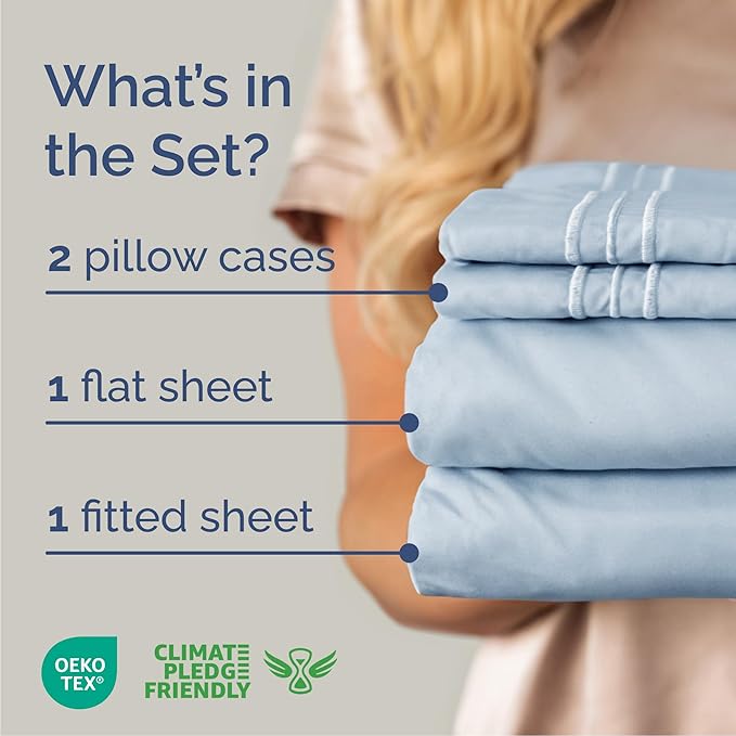 Queen Size 4 Piece Sheet Set - Comfy Breathable & Cooling Bed Sheets Set - Hotel Luxury Bedding for Women, Men, Kids, Teens, Boys & Girls - Deep Pockets, Ultra-Soft, Wrinkle Free - Oeko-Tex - Sky Blue