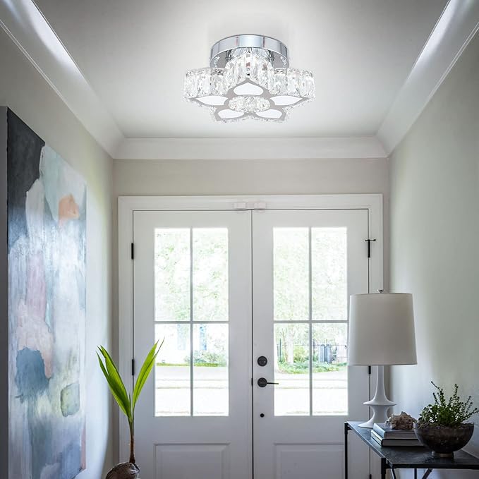 FRIXCHUR Crystal Ceiling Light Modern Mini Chandelier Flower LED Flush Mount Ceiling Light Fixture for Dining Room Bedroom Living Room Small Room (Cool White)