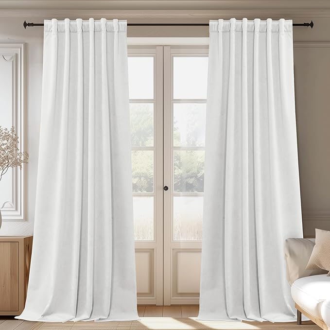StangH White Blackout Curtains for Bedroom Soft Thick Heavy Velvet Thermal Insulated Window Drapes Hook Belt Back Tab Liner Privacy Panels for Living Room Nursery, W52 x L84, 2 Panels