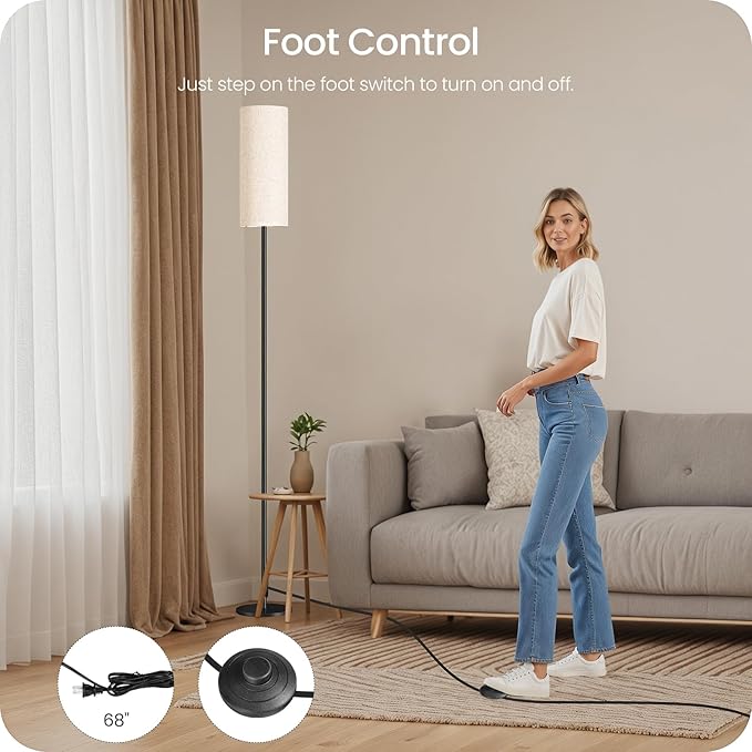 64.4” Dimmable Floor Lamp for Living Room with Remote and Foot Switch, Corner Floor Lamp for Bedroom, 10W 900LM LED Bulb Included, Modern Standing Tall Lamp, 3000K-6500K, Beige, FCC Listed E06LD05W1
