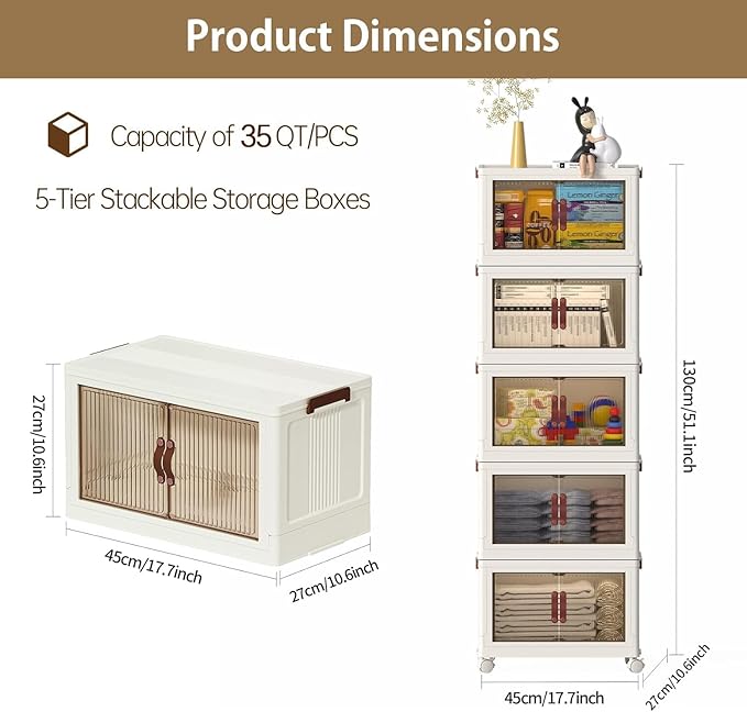 5-Tier Stackable Storage Bins with Lids & Open Front Design, Foldable Storage Bins with Wheels for Home Organization, Collapsible Space Saving Multi-Layer Storage Organizer, 35QT