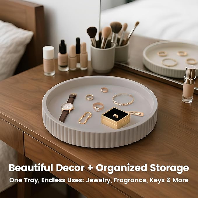 Decor Tray for Coffee Table Decor, Round Serving Circle Concrete Large Stone Trays for Minimalist Home Modern Dining Centerpiece Bathroom Kitchen Island Counter Contemporary