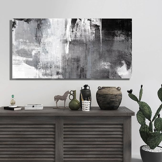 Kureful Black Abstract Wall Art Decor Grunge Room Decor Art Grey Canvas Wall Decoration 20" x 40" Painting Black And White Artwork for Bedroom Home Office Dining Room Decoration