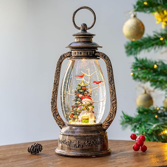 Christmas Snow Globe Lantern Water Glittering Snowman with Christmas Tree, USB Lined/Battery Operated Lighted Lantern for Christmas Festival Decoration Gifts