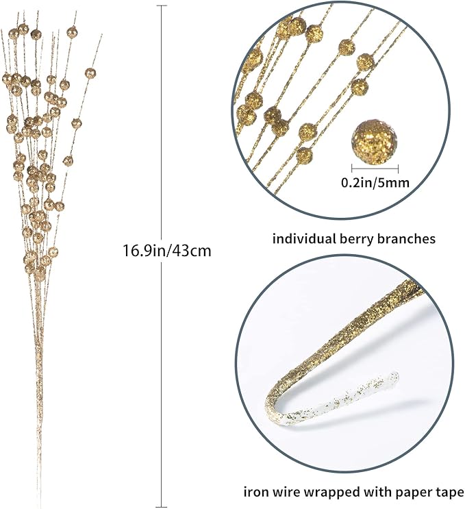 Christmas Artificial Glitter Berry Stem Decorations Decorative Bead Sticks Xmas Picks Glittery Twigs Branches for Christmas Tree Wreath Gift Vase Decor Party Ornaments Champagne 24 PCS
