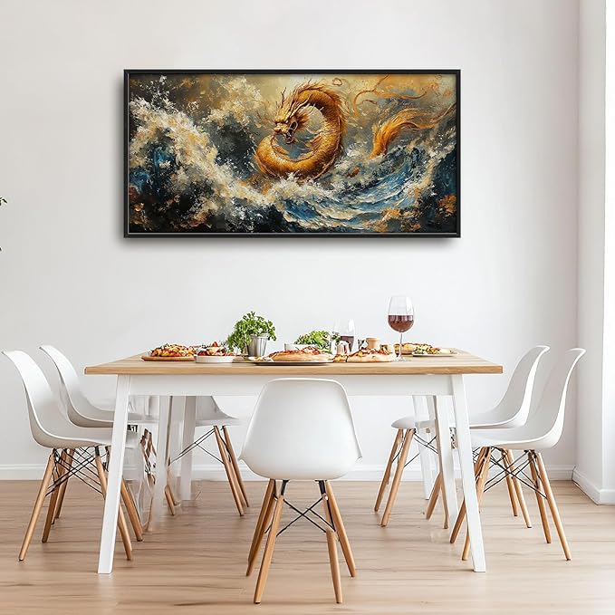 Flintis Large Golden Dragon Framed Wall Art Japanese Waves Pictures Wall Decor Abstract Asian Wild Animal Canvas Painting Print Artworks Framed for Living Room Bathroom Master Bedroom 60L X 30W