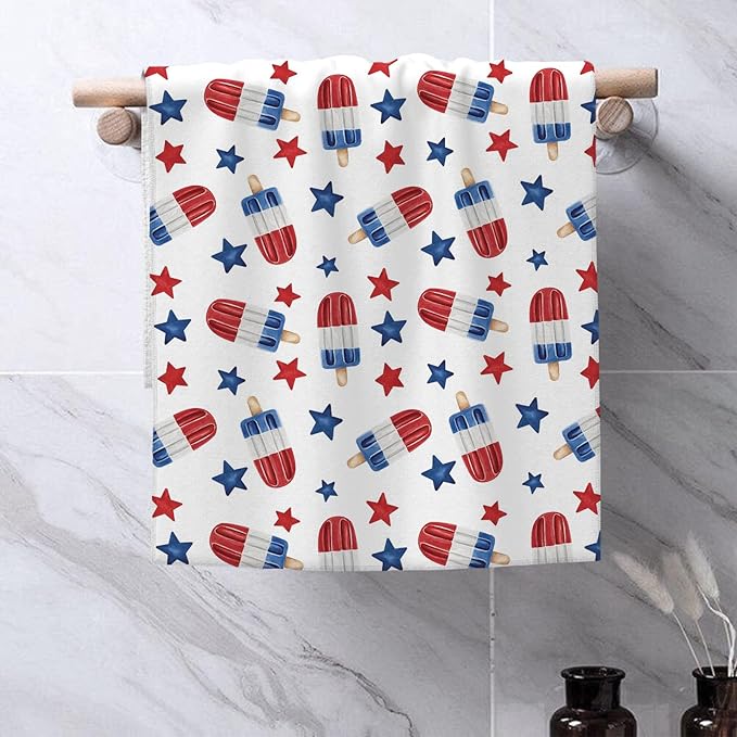 4th of July Kitchen Towels 16x24 Inch Red Navy Blue Stars Patriotic Decor Dish Towels American Independence Day Decoration Hand Towels Absorbent Dish Cloths for Home Kitchen Dining Set of 2