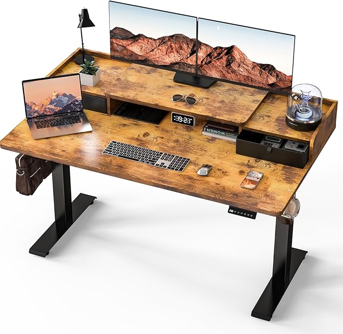 Kingant 55 x 30 Inch Standing Desk with Drawers, Adjustable Height Electric Sit Stand Desk with Storage Shelf, Rising Stand Up Computer Desk for Home Office Workstation, 3 Preset Heights