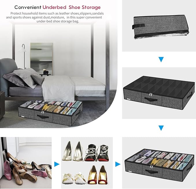 Onlyeasy Sturdy Under Bed Shoe Storage Organizer Fit 8 to 16 Pairs, Collapsible Closet Underbed Shoes Container Bags with Reinforced Handles, 37.7x23.6x5.9in, Linen-like Black, MXAUBS16P1