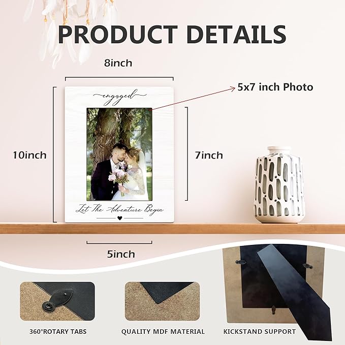 Engagement Picture Frame 5x7, Wedding Photo Frame, Just Engaged Married Gifts for Couples Bride Groom, Engaged Let the Adventure Begin Wooden Picture Photo Frames for Desk Home Room Decor