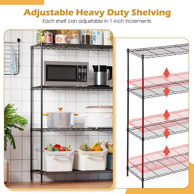 PayLessHere 4 Tier Shelving Unit 13.4" D× 35W×53.7" H Metal Shelving Standing Storage Shelf with 4 Steel Frame Adjustable Layer Racks Metal Commercial Shelf for Kitchen, Garage (Black)