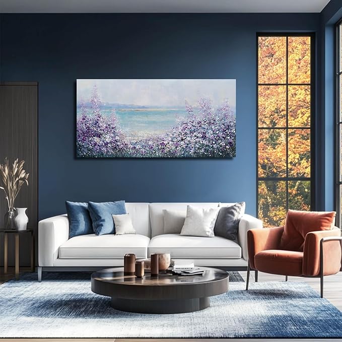 Flowers Framed Canvas Wall Decor Purple and White Painting Ocean Wall Art for Office Contemporary Art Poster for Bedroom Decor 24x48 Inch