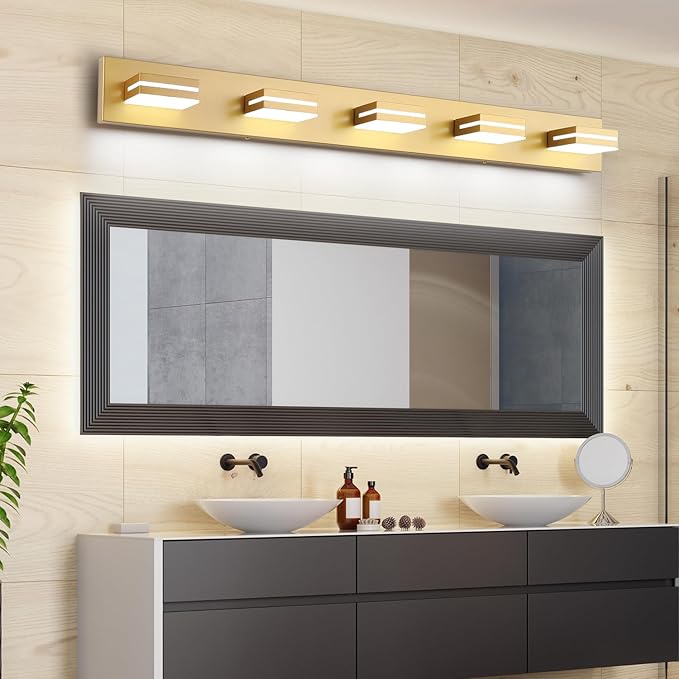 SineRise LED Modern Bathroom Vanity Light Fixtures (6-Light, 48-Inch, Dimmable), Matte Gold Modern Acrylic Bathroom Wall Lighting Fixtures Over Mirror (Cool White 6000K)