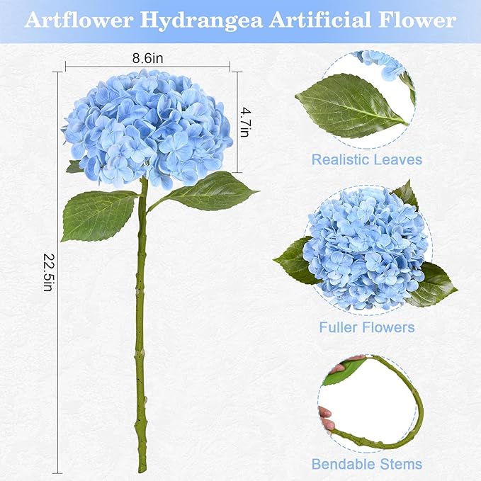 Artflower 4Pcs Real Touch Hydrangea Artificial Flowers, 22.5'' White & Blue Faux Full Latex Hydrangea Flowers for Home Floral Arrangements Wedding Bouquets Kitchen Table Centerpiece Decorations