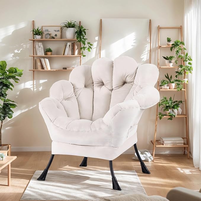 Lazy Chair, Modern Floral Reading Chair with Folding Footrest, Lounge Accent Chair, Comfortable Oversized Armchairs for Bedroom, Living Room, Courtyard, Velvet Beige