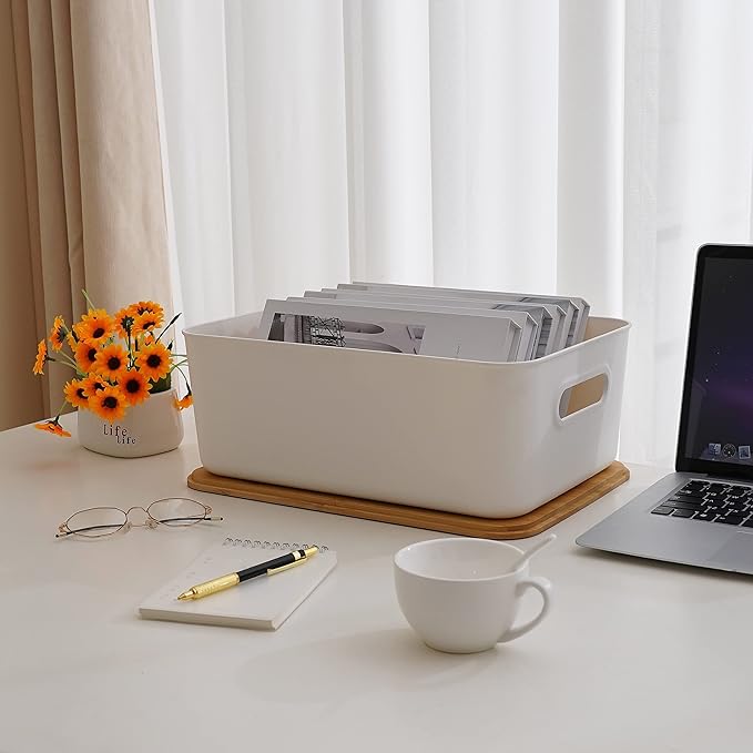 Citylife 2 PCS Storage Bins with Bamboo Lids Plastic Storage Containers for Organizing Stackable Storage Box with Handle, 15.16 x 10.79 x 5.83 inch