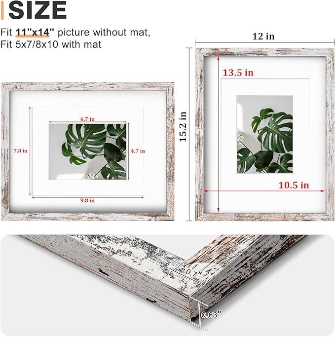 Egofine 11x14 Picture Frame Rustic White 4 Pack - Photo Frame Made of Solid Wood Covered by Plexiglass for Table Top Display Pictures 5x7/8x10 with Mat or 11x14 Without Mat - with Wall Mounting