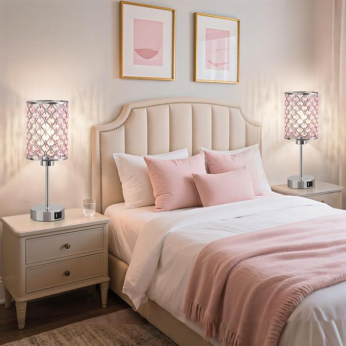 Pink Crystal Table Lamp, Touch Control Bedside Lamps with USB-C+A Charging Ports, 3-Way Dimmable Nightstand Small Desk Lamp Set of 2 for Girl Bedroom, Living Room, Office(Buld Included)