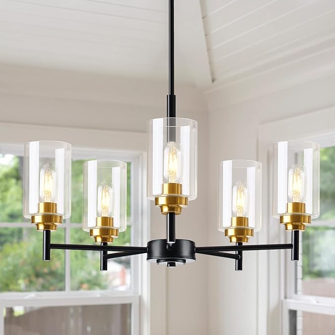 Kitchen Island Lighting - 5 Lights Modern Glass Chandelier for Dining Room, Farmhouse Pendant Light Over Table for Foyer Living Room Bedroom (Black and Gold)