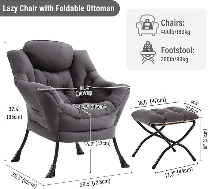 Lazy Chair with Ottoman, Modern Chair with Folding Footrest, Lounge Accent Chair, Comfortable Reading Chair, Oversized Armchairs for Bedroom, Study, Living Room, Courtyard (Dark Grey)