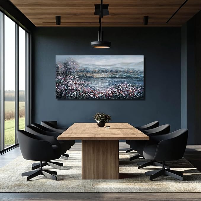 CHUDANHAO Abstract Wall Art for Bedroom White Wall Decor Purple Flower Artwork Landscape Wall Paintings 24"x48" Navy Blue Pictures for Walls