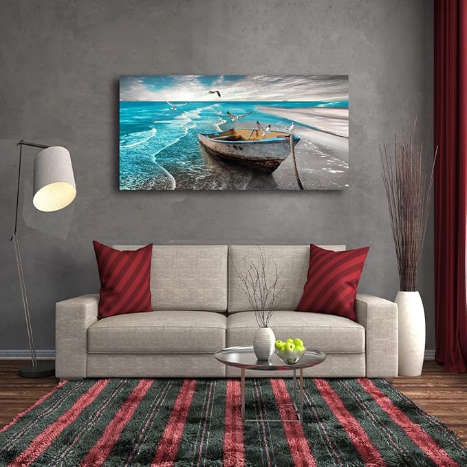 Beach Picture Canvas Wall Art Prints Black and White Waves Seascape Paintigns Home Decor Boat Seagulls Ocean Landscape for Living Room Bedroom Bathroom Decoration Natural Scenery Artwork 20x40inches