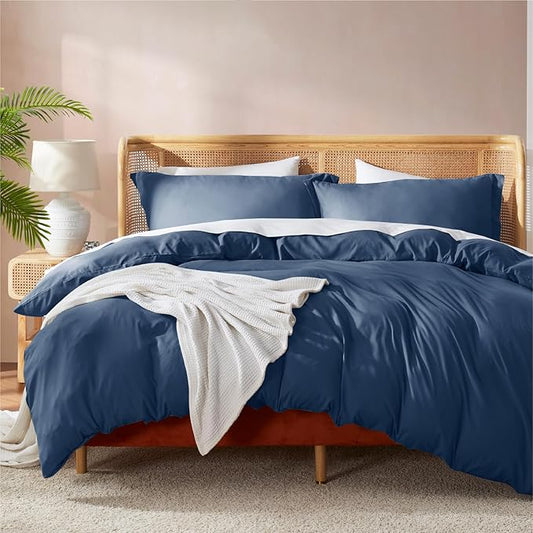 Nestl Queen Duvet Cover Set with Comforter Insert - Navy Blue 4 Piece 90x90 Duvet Cover & 2 Pillow Shams with White Quilted Down Alternative Comforter, Ultra Soft, All Season
