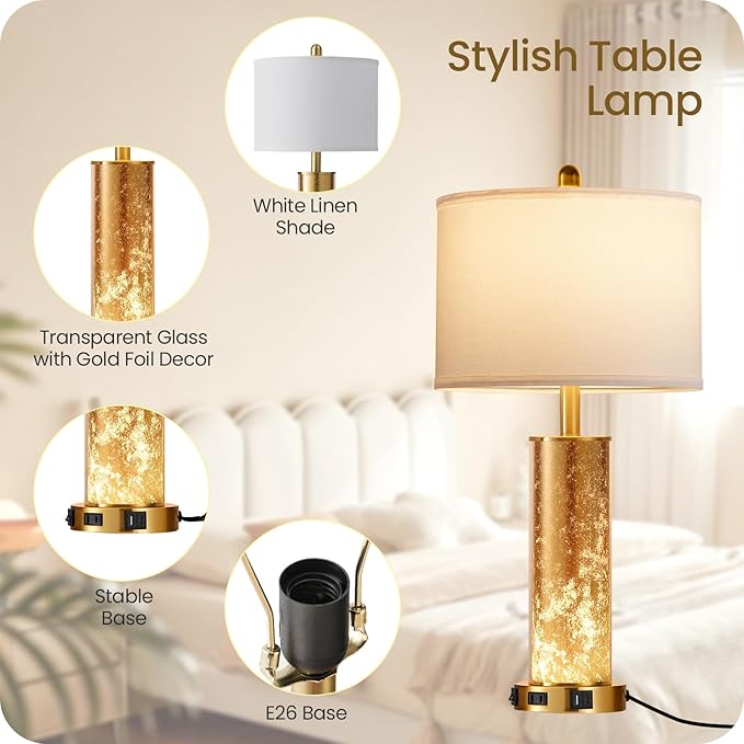 25.6" Gold Table Lamps Set of 2, Tall Bedside Lamps with Nightlight, Modern Nightstand Lamp with USB Ports, Desk Lamp for Bedroom, Living Room, Office, LED Bulbs Included W01TL05