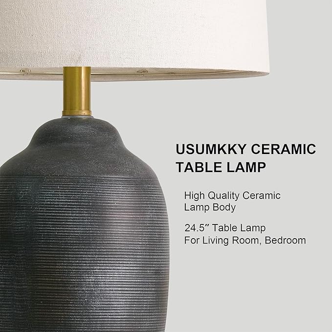 24.5" Vintage Ceramic Table Lamp - Single Farmhouse Rustic Bedside Lamp with Natural Textured Finish, Nightstand Lamps for Living Room, Bedroom, End Table, Office Retro Black