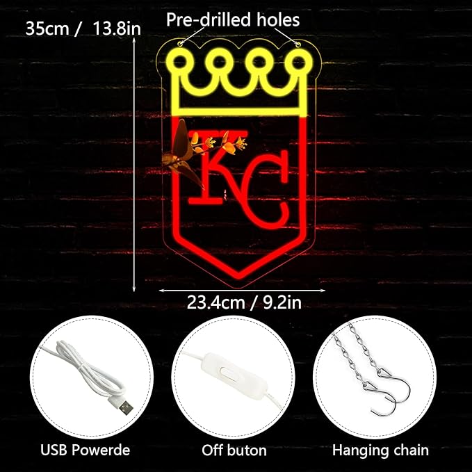 Balanar Baseball Neon Signs for Garage or Man Cave Decor, Gifts With Kansas Basebll or Rugby Team Logo, Red Baseball Neon for Parties, Bars,Dorms, Office Wall Art and Game Room Decor