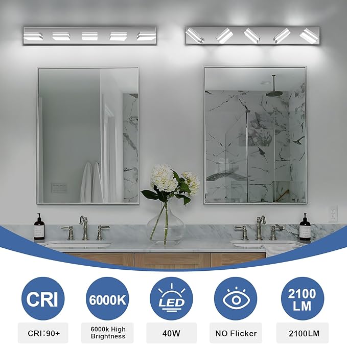 Modern LED Bathroom Lights Fixtures(5-Light),Metal Chrome Acrylic Wall Lighting,Vanity Lights for Bathroom Over Mirror(6000k 34In)