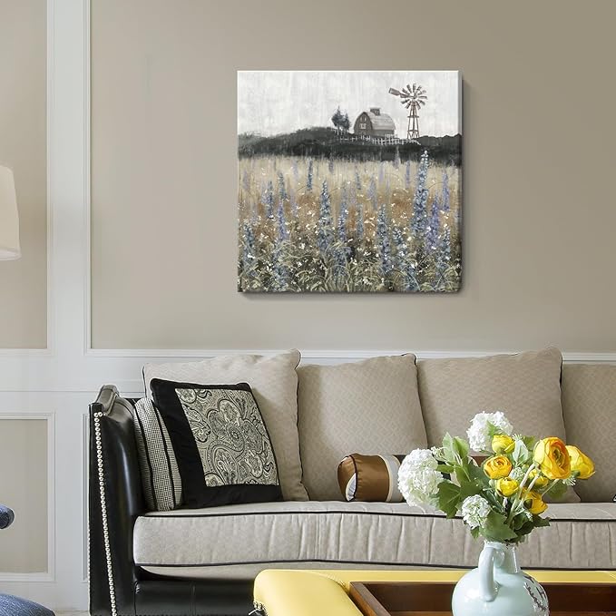 Farmhouse Wall Art for Living Room Classical Scenery Canvas Print Rustic Countryside Wildflower Field Landscape Nature Wilderness Meadow Picture Vintage Windmill Barn Painting Framed Artwork 24x24inch