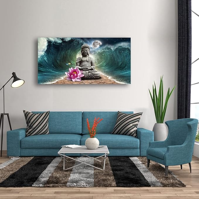 Canvas Wall Art Buddha Pictures Home Decor Grey Zen in The Background of Moon and Waves Poster Prints Painting for Living Room Bedroom Bathroom Kitchen Office Decoration Hindu Artwork 20x40 Inches