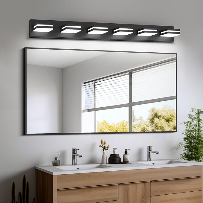 Modern LED Bathroom Lights Fixtures(6-Light),Metal Black Acrylic Wall Lighting,Vanity Lights for Bathroom Over Mirror(6000k 41In