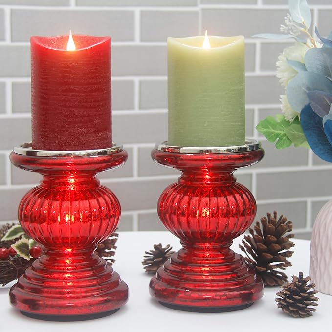 Mercury Glass Pillar Candle Pedestal Holders with Lights Set of 2,Candle Holder for Pillar Candle,Candlestick Holders,Perfect Decoration for Wedding Home Dining Table Xmas(Red)