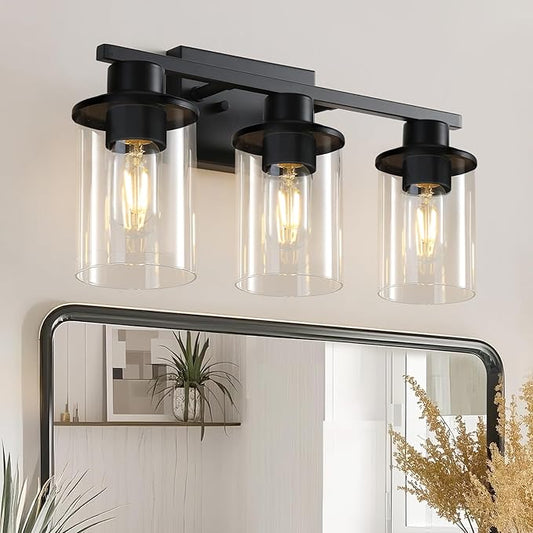 LOUSACE 3 Light Bathroom Vanity Light, Matte Black Bathroom Light Fixtures, Modern Bathroom Lights Over Mirror with Clear Glass Shade, Wall Sconce Lighting for Bedroom Living Room