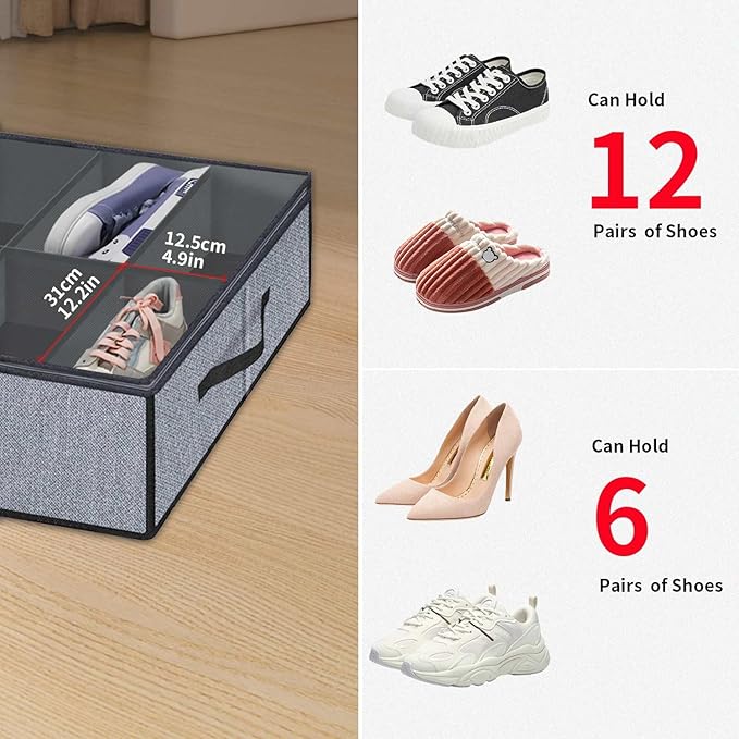 Onlyeasy Large Under Bed Shoe Organizer (6 to 12 Pairs x 2) - Underbed Shoes Closet Storage Solution with Metal Zipper and 2 Handles, Breathable, 29.3"x23.6"x5.9", Linen-like Grey, MXDUBSB2P