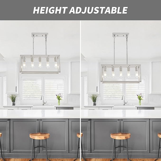 5-Light Pendant Lights for Kitchen Island Modern Dining Room Chandelier Linear Rectangular Kitchen Light Fixtures Hanging Lights for Dining Room Adjustable Height E26 Base Brushed Nickel