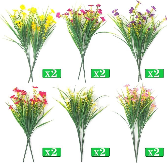 12 Bundles Artificial Flowers Faux Plants Spring Decoration Plastic Plants UV Resistant Shrubs for Home Indoor Outside Garden Window Porch Pots Decoration (Multicolor)