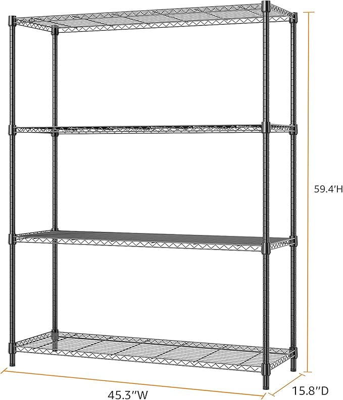 1400 lbs 4 Tier Storage Rack Metal Wire Shelving Unit, Storage Standing Household Shelf Organizer for Kitchen Pantry Closet Garage Basement Utility Room, Black 15.8" D x 45.3" W x 59.4" H
